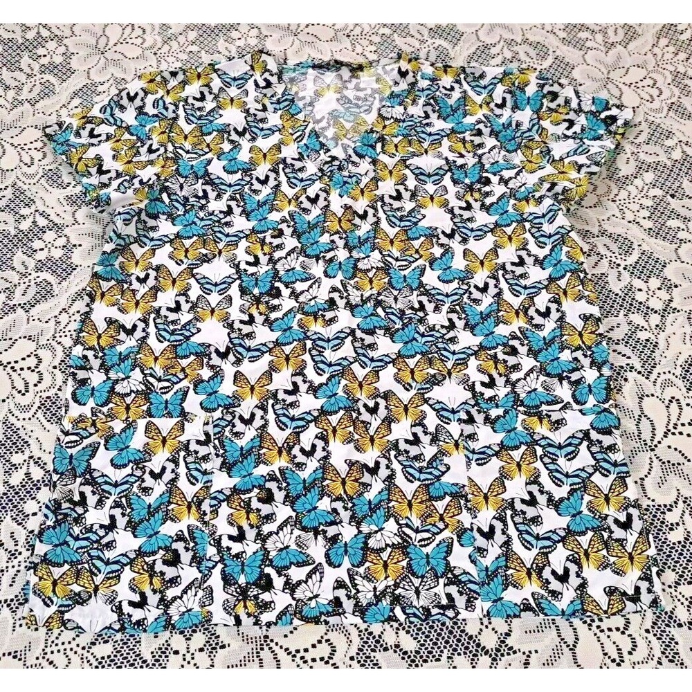 Cassandra O Scrub Top Size M Black Teal Yellow Butterfly Pattern‎ Short Sleeves